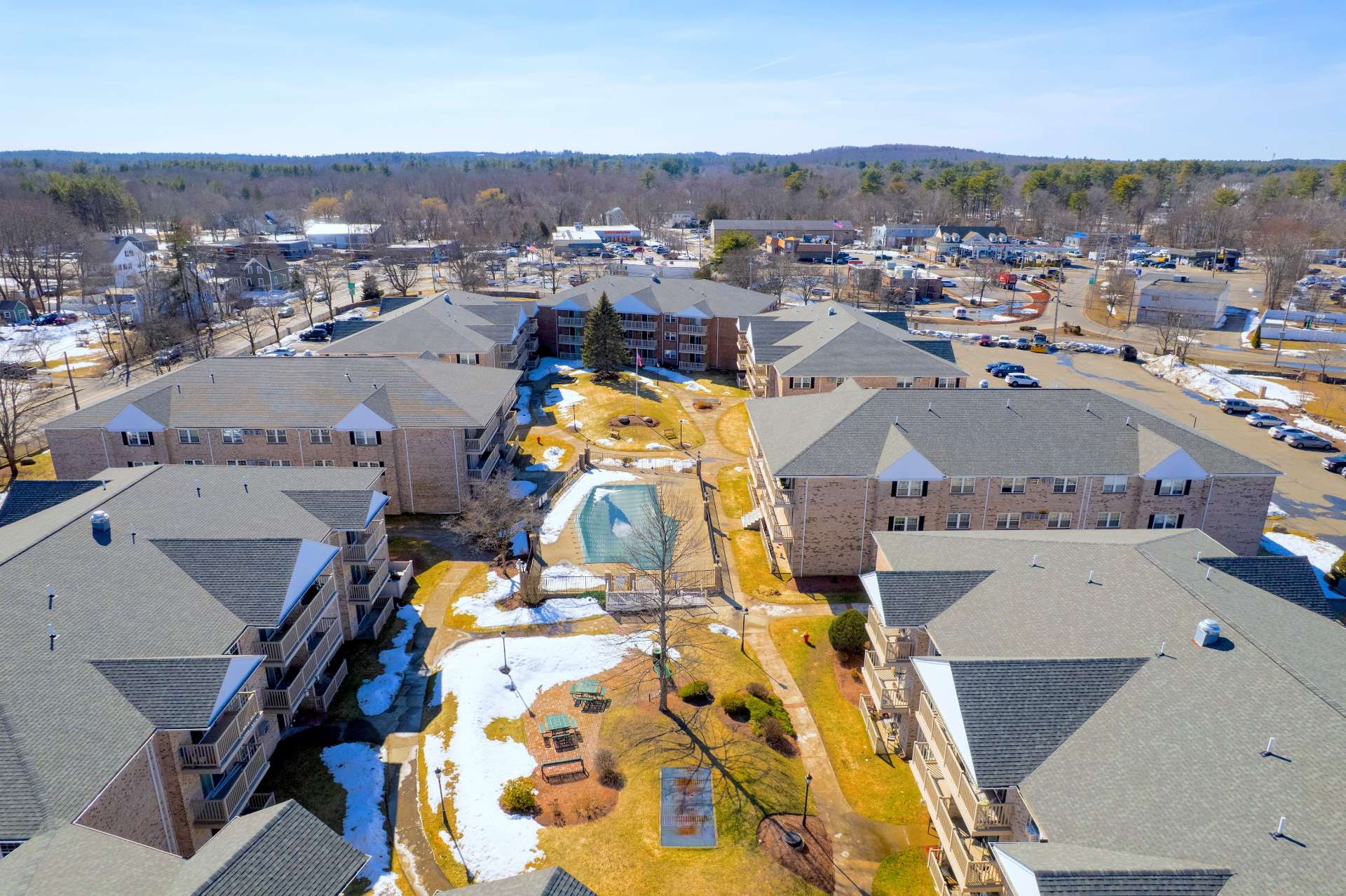 Aerial view of pool and courtyard