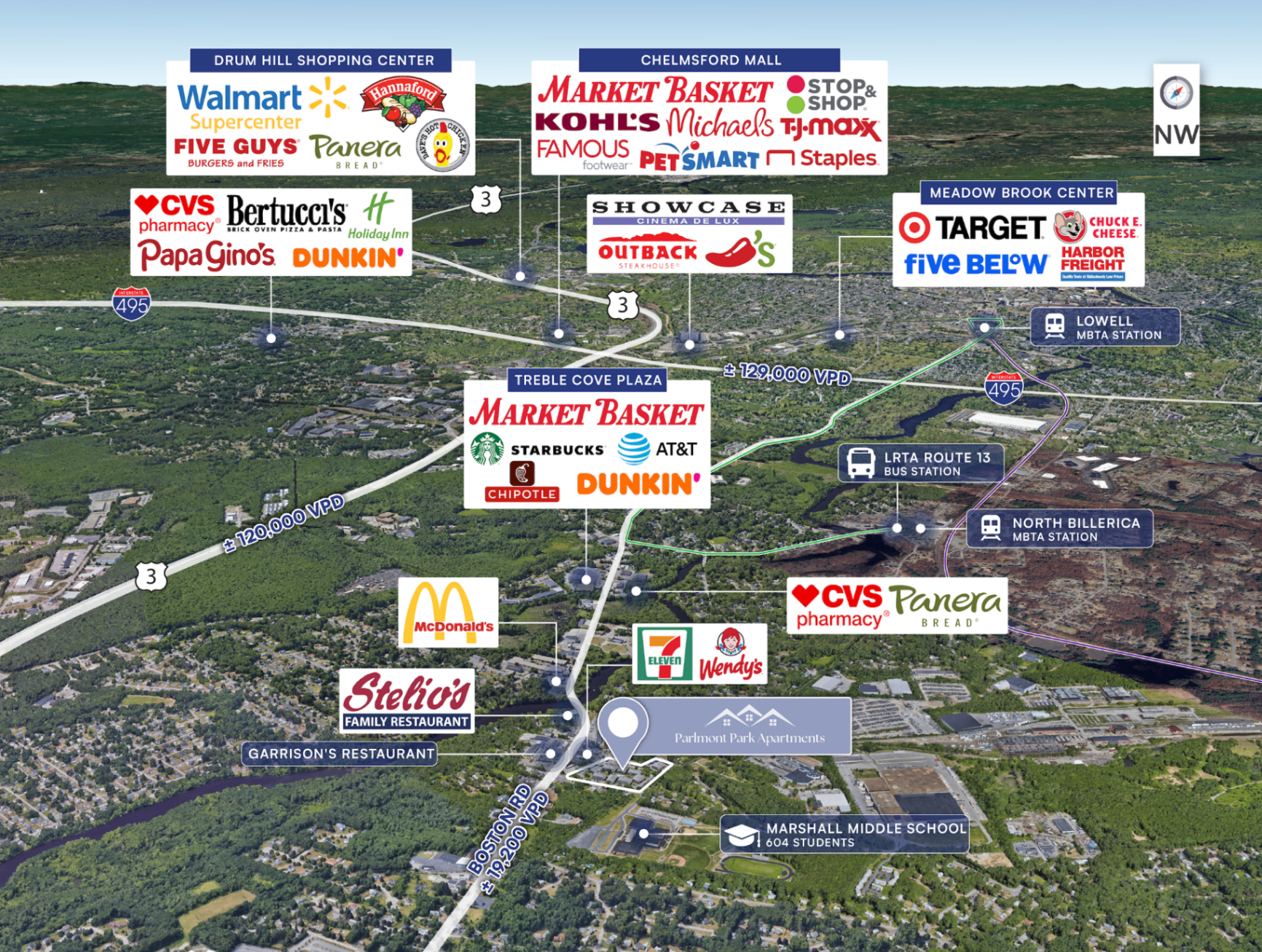 Area map showing nearby retail, dining, and transit around Parlmont Park Apartments